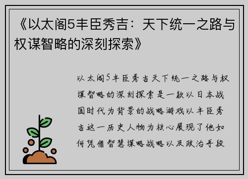 《以太阁5丰臣秀吉：天下统一之路与权谋智略的深刻探索》