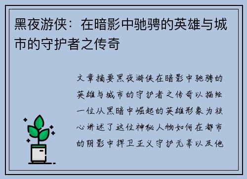 黑夜游侠：在暗影中驰骋的英雄与城市的守护者之传奇